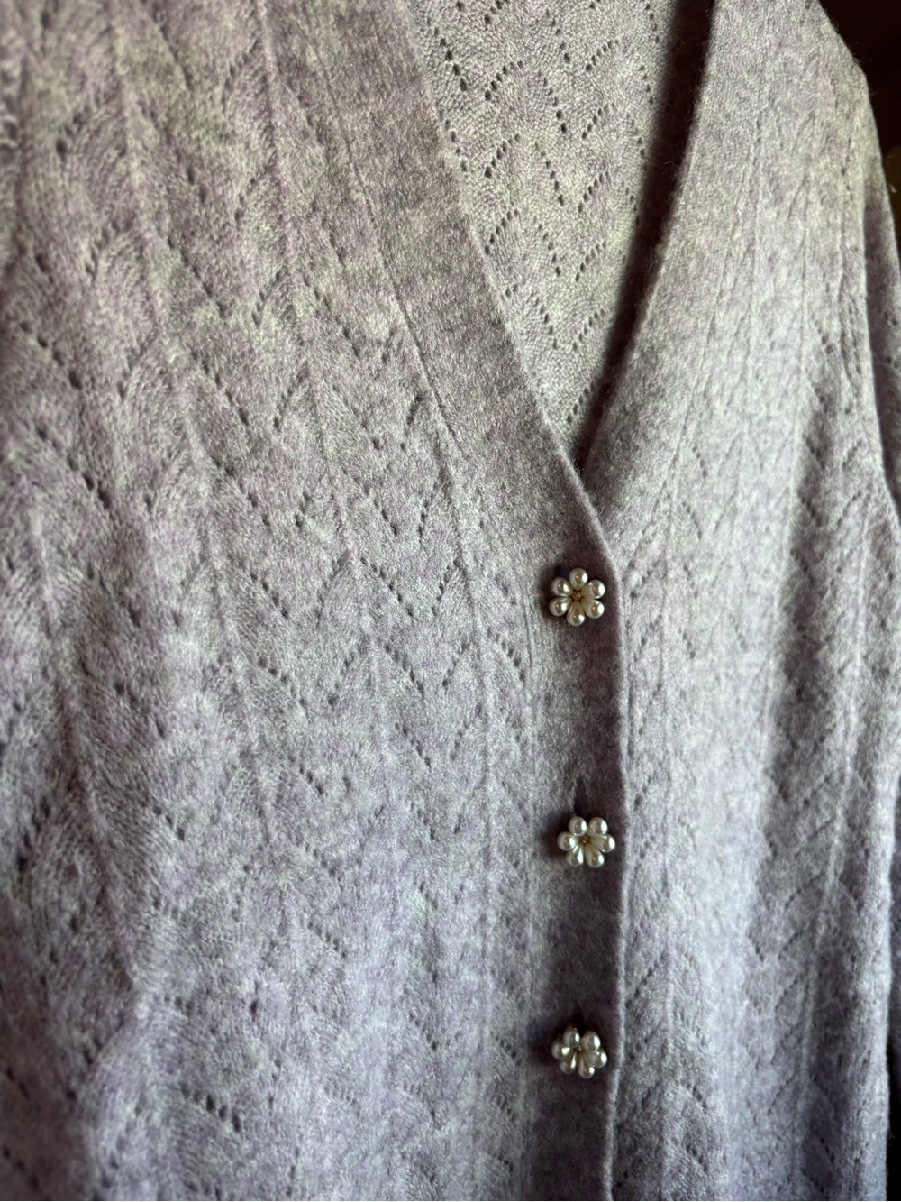 Cleo Purple Gray Knit Cardigan Pearl Flower Buttons Medium - Picture 11 of 11